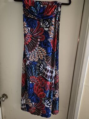 Women’s Blue Multicolor Strapless Maxi Dress - Floral Print